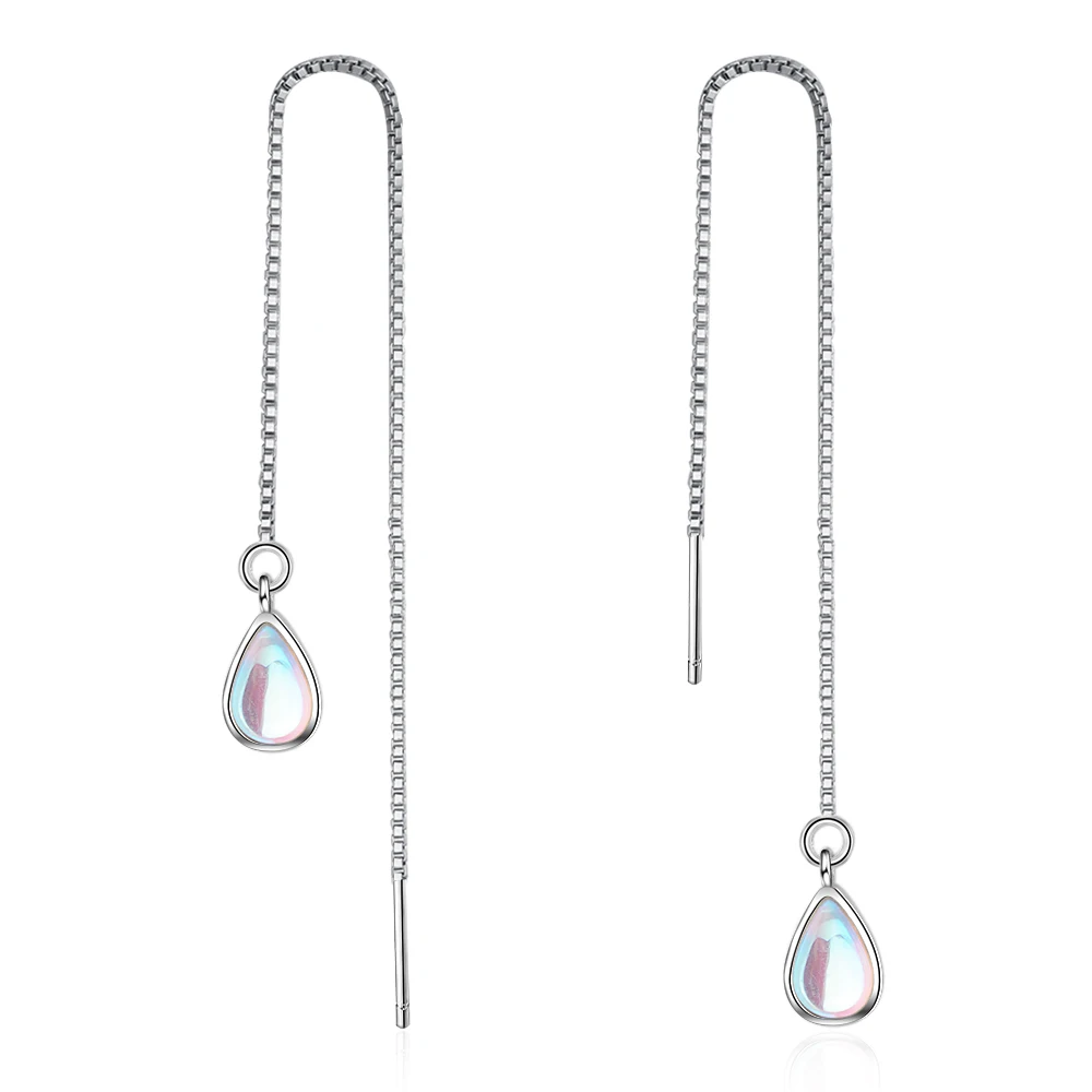 Elegant Teardrop Moonstone Dangle Long Chain Threader Earrings for Women Girl