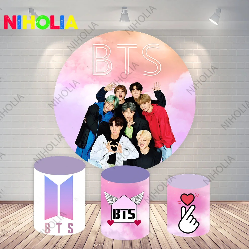 MINISO BTS Theme Round Photo Backdrop Korea-Boy-Group Kids Party Decoration Cylinder Covers Photo Props For Cake Table