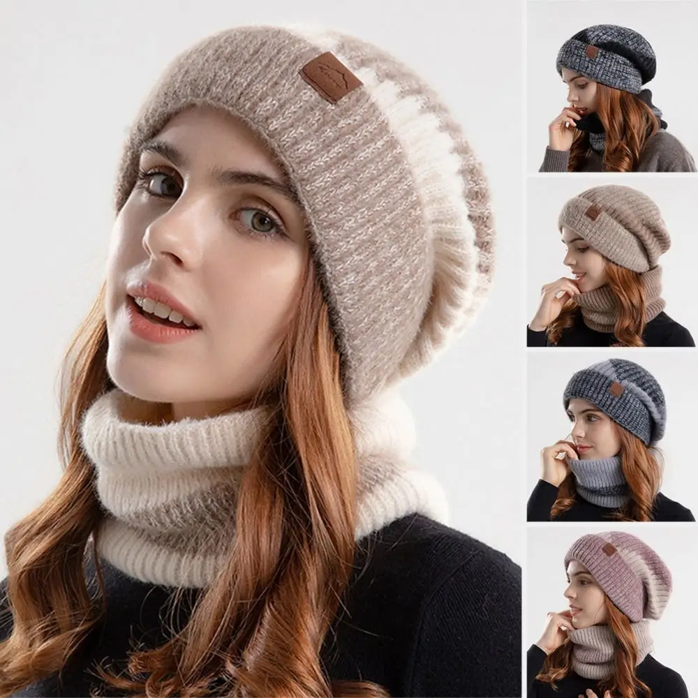 Fashion Thicken Soft Hat Scarf Set Fleece Lined Warm Neck Warmer Windproof Coldproof Beanie Hat for Women
