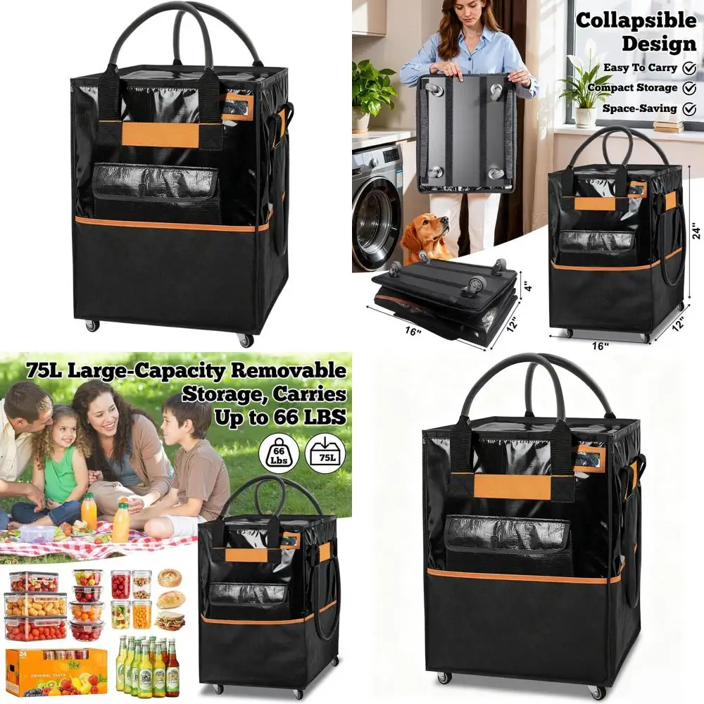 

Сумка-тележка для продуктов 75 л, большая вместимость, выдерживает до 30 кг, идеально подходит для покупок, стирки и хранения.