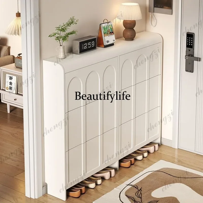 K153  cream wind ultra-thin tipping bucket shoe cabinet household entrance cabinet integrated simple storage shoe rack