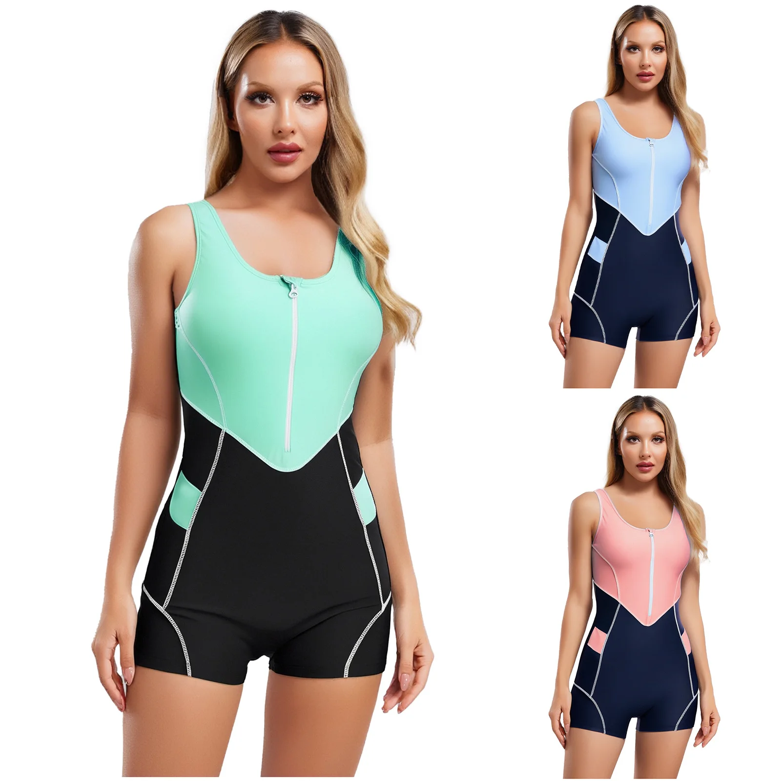 Womens One-Piece Swimsuit U Neck Sleeveless Cutout Back Zipper Front Jumpsuit Swimwear Bathing Suit with Removable Chest Pads