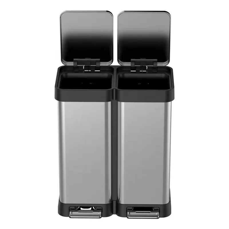 Foot Operated Stainless Steel Garbage Bin Kitchen Pedal Waste Bin Double Compartment Trash Bin