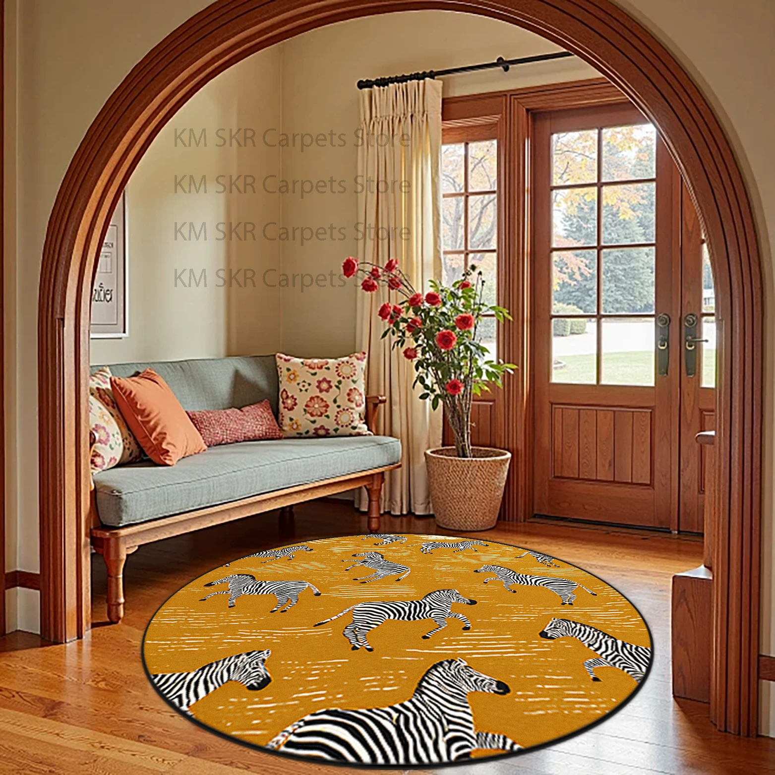 American Round Zebra Print Living Room Entrance Carpet Antiskid Washable Bedroom Bedside Mat Soft Fluffy Office Large Area Rugs