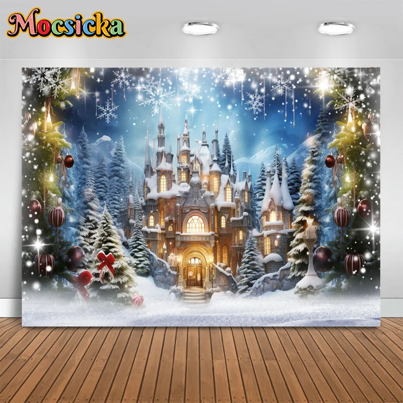 

Mocsicka Photography Background Christmas Eve Snowy Castle Frozen Snowflake Decor New Year's Eve Birthday Party Backdrop Studio