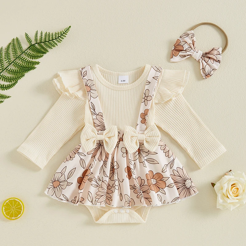 Infant Baby Clothing Girl Flower Print Romper Ruffled Long Sleeve Jumpsuits with Headband Newborn Autumn Clothes