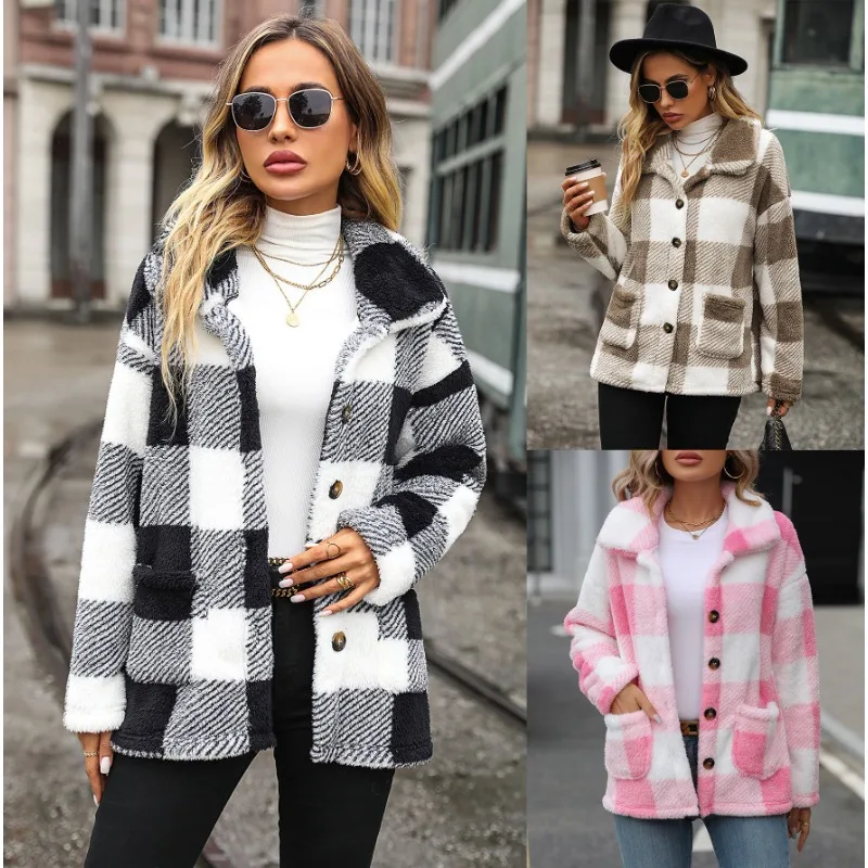 Women\'s clothing autumn winter women\'s lapel long sleeved medium long plaid single breasted double-sided velvet casual jacket