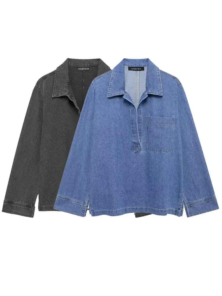 HH TRAF Autumn Female Denim Pullover Elegant New Pocket Loose Lapel Shirt Tops Women's Commute Street Women 2-Color Top Mujer