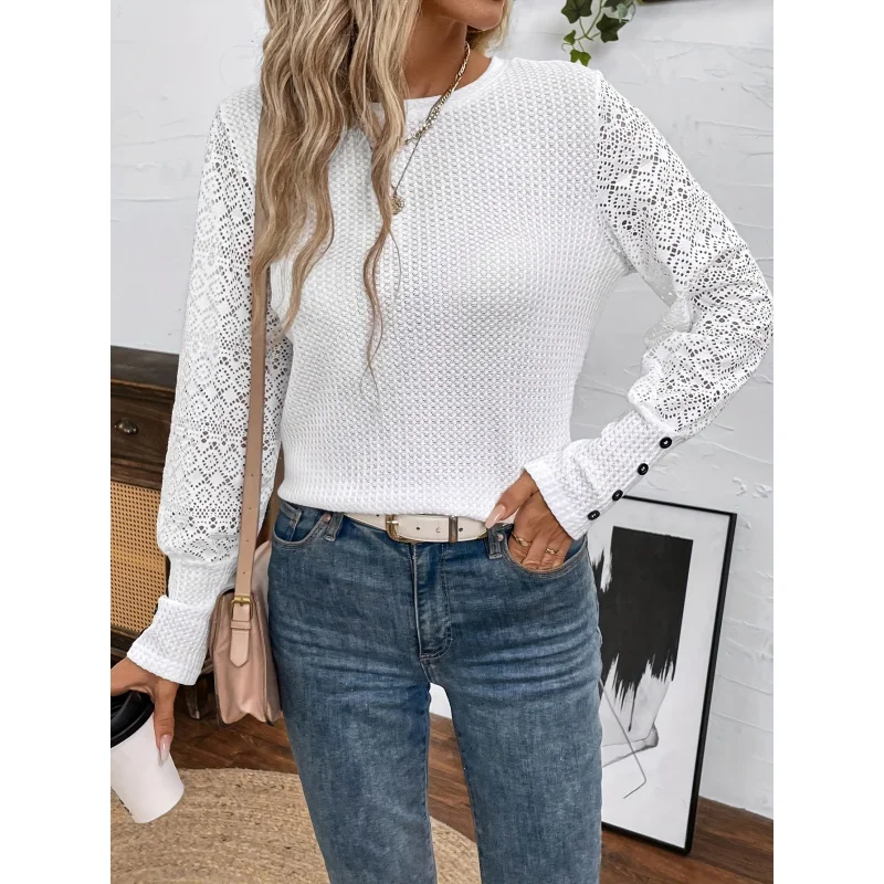 

[Lightweight Design] Elegant White Lace-Trimmed Blouse with Button Details - Crew Neck, Long Sleeve, Breathable Polyester