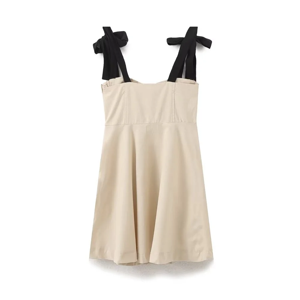 2024 夏のファッション新女性のリネン混紡カラーコントラストリボン装飾ブラジャースリムフィットデザインドレス