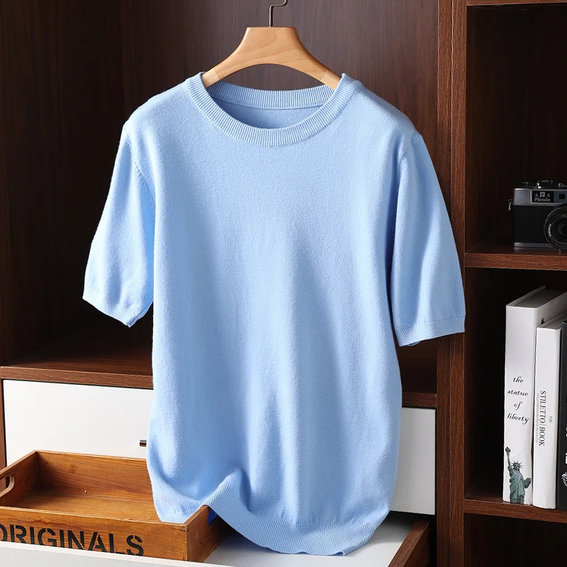 Men\'s Cashmere short sleeves Sweaters 2022 Solid Color O-Neck Casual Knitted Pullovers  Men short sleeves Jumper