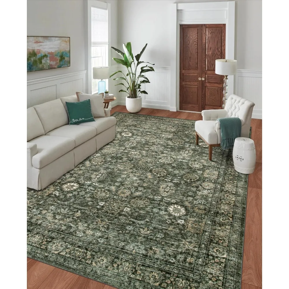 

Morebes Vintage Dark Green Living Room Rug, 9x12 Area Rug Large Washable Rugs for Bedroom, Soft Dining Room Carpet Non-Slip Non-