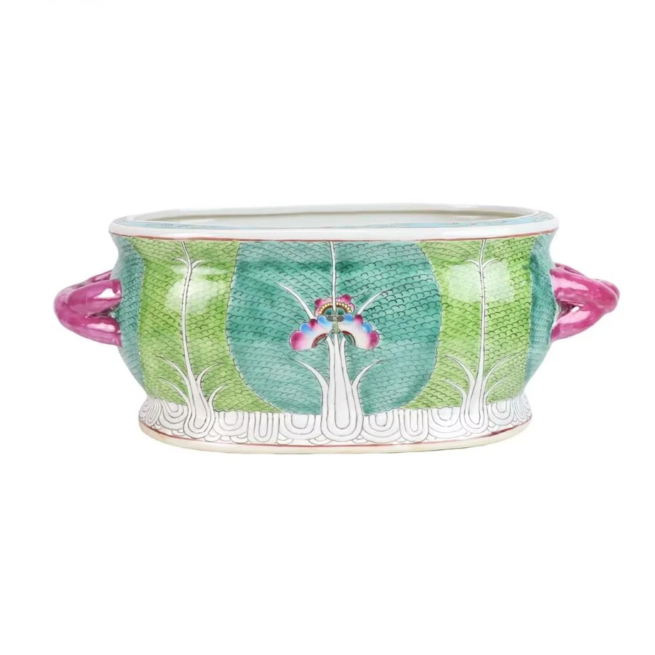 Painted cabbage pattern oval flower pot antique Chinese cabbage porcelain flower pot pink handle