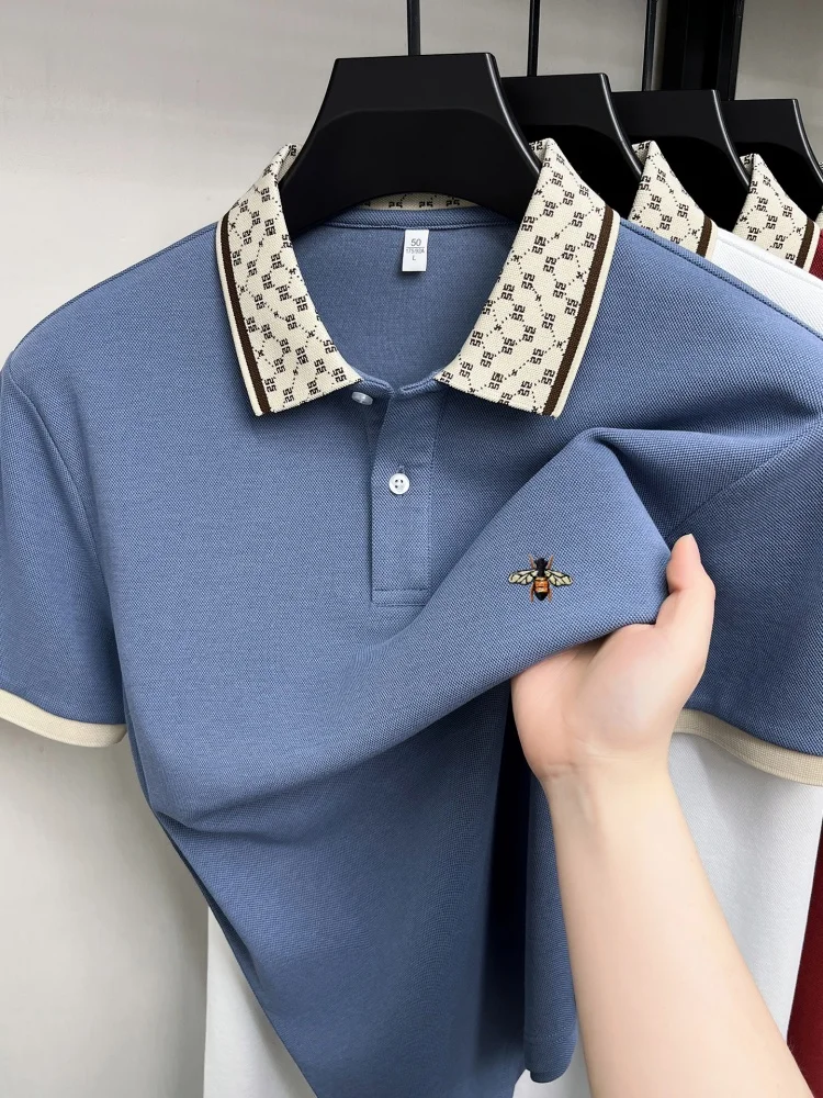 High end brand silk cotton short sleeve men's polo shirt summer trend boutique bee embroidery letter lapel golf casual T-shirt