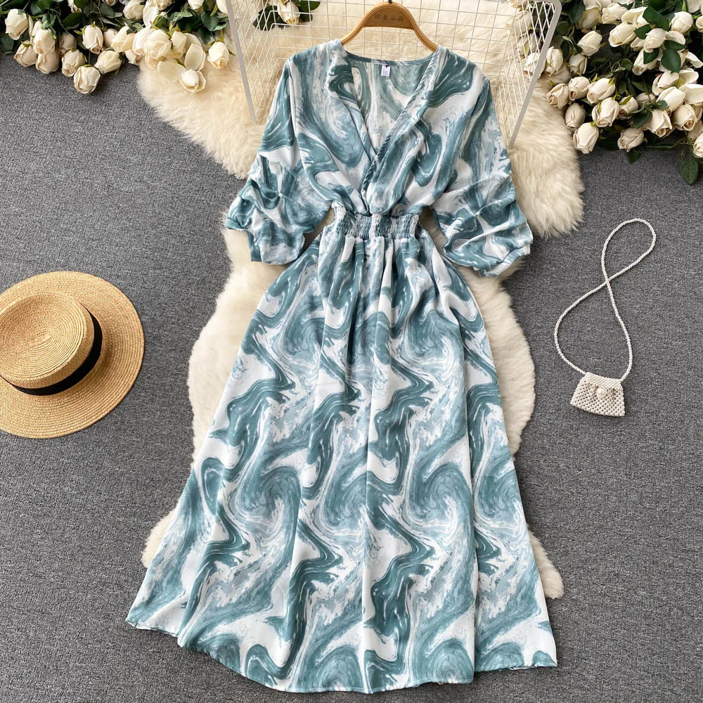 

New Spring Summer Women V-Neck Half Sleeve Slim Long Dress Fashion Retro Tie Dye Print Elegant Party Dress