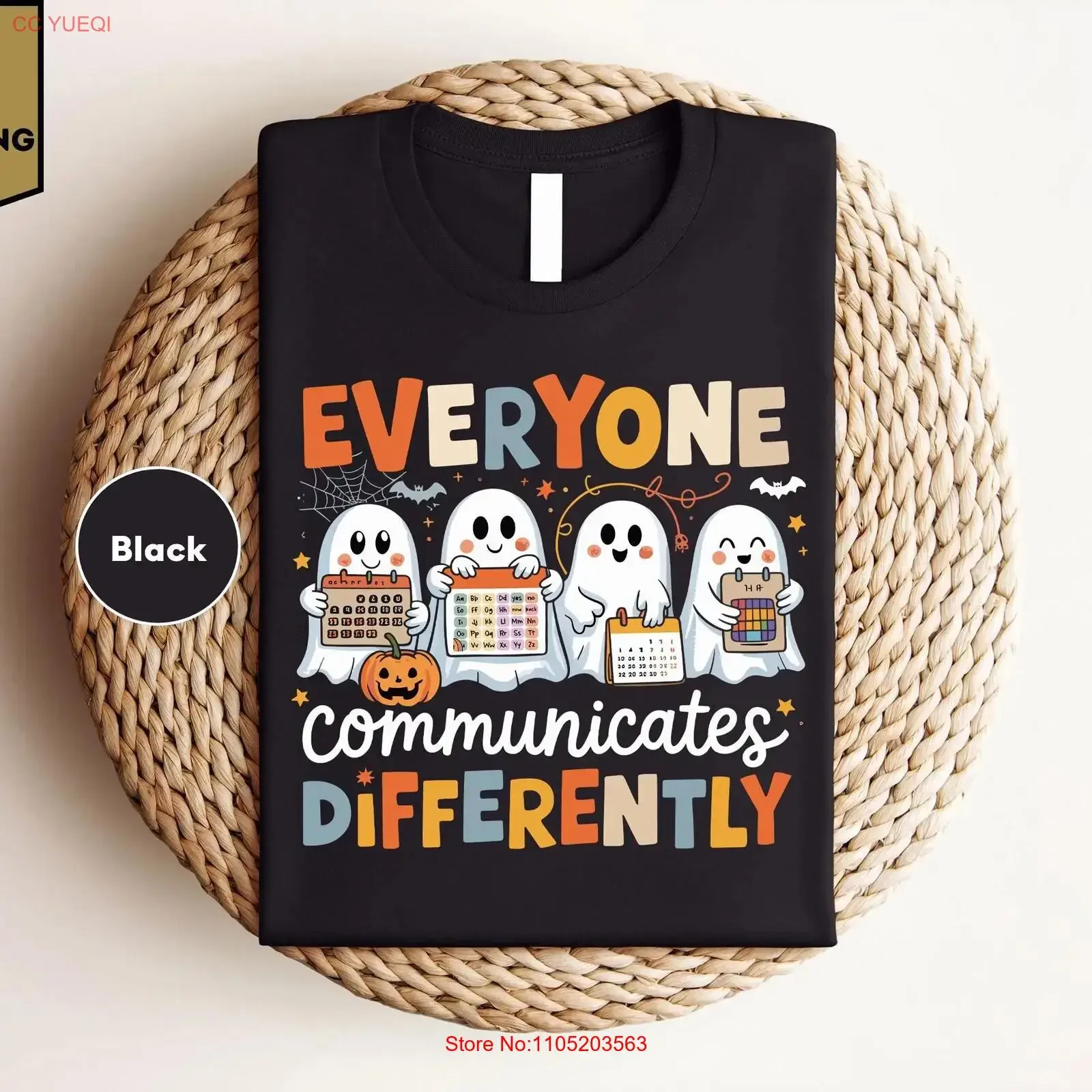 Halloween Everyone Communicates Differently T Shirt Teacher Spooky Season Autism Awareness vintage Washed Slightly Stretched