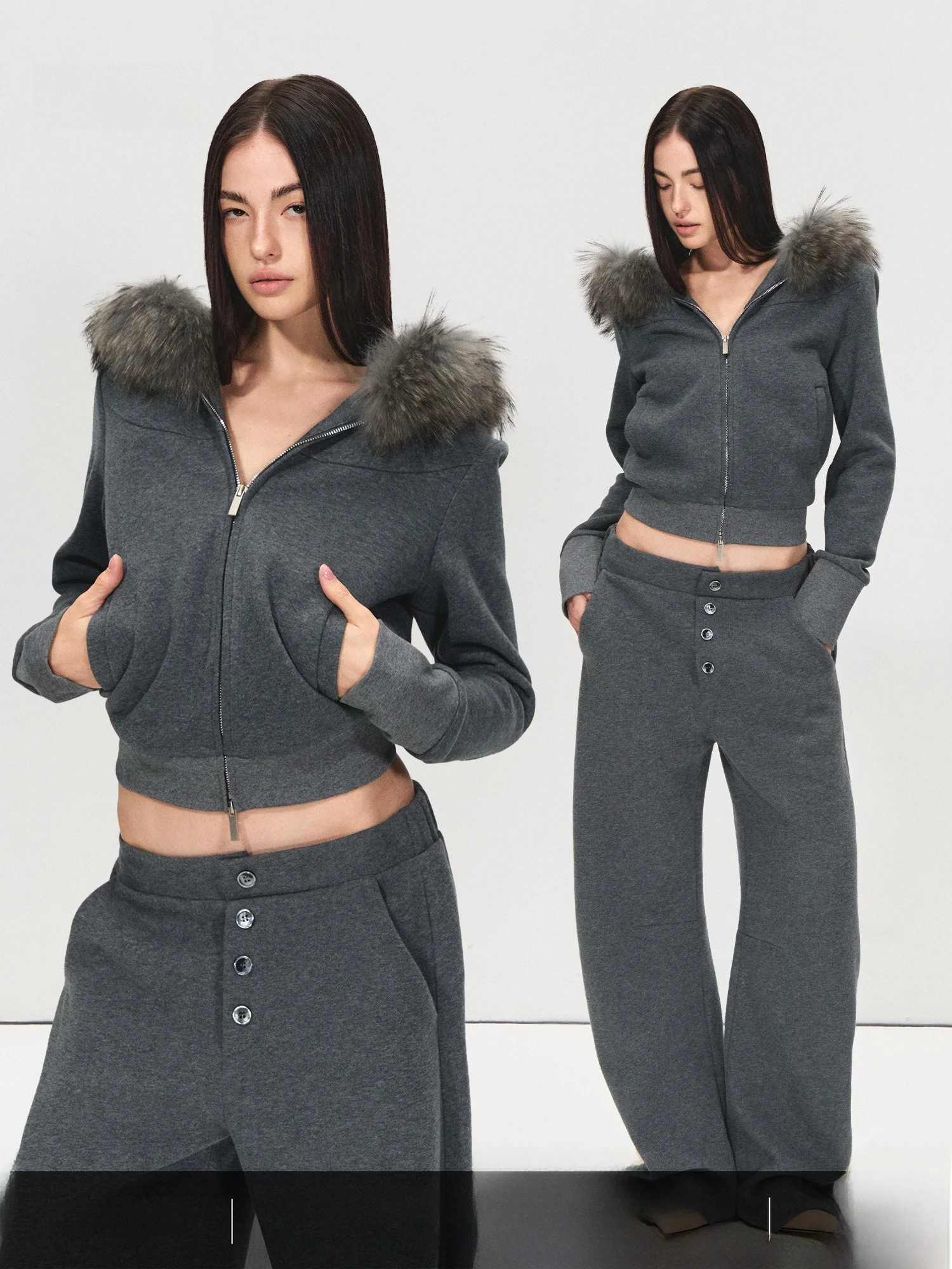 

Комплект из двух предметов: куртка с капюшоном на флисовой подкладке PRRP и брюки с плиссировкой и съемным воротником из натурального меха, повседневный свободный крой, для женщин