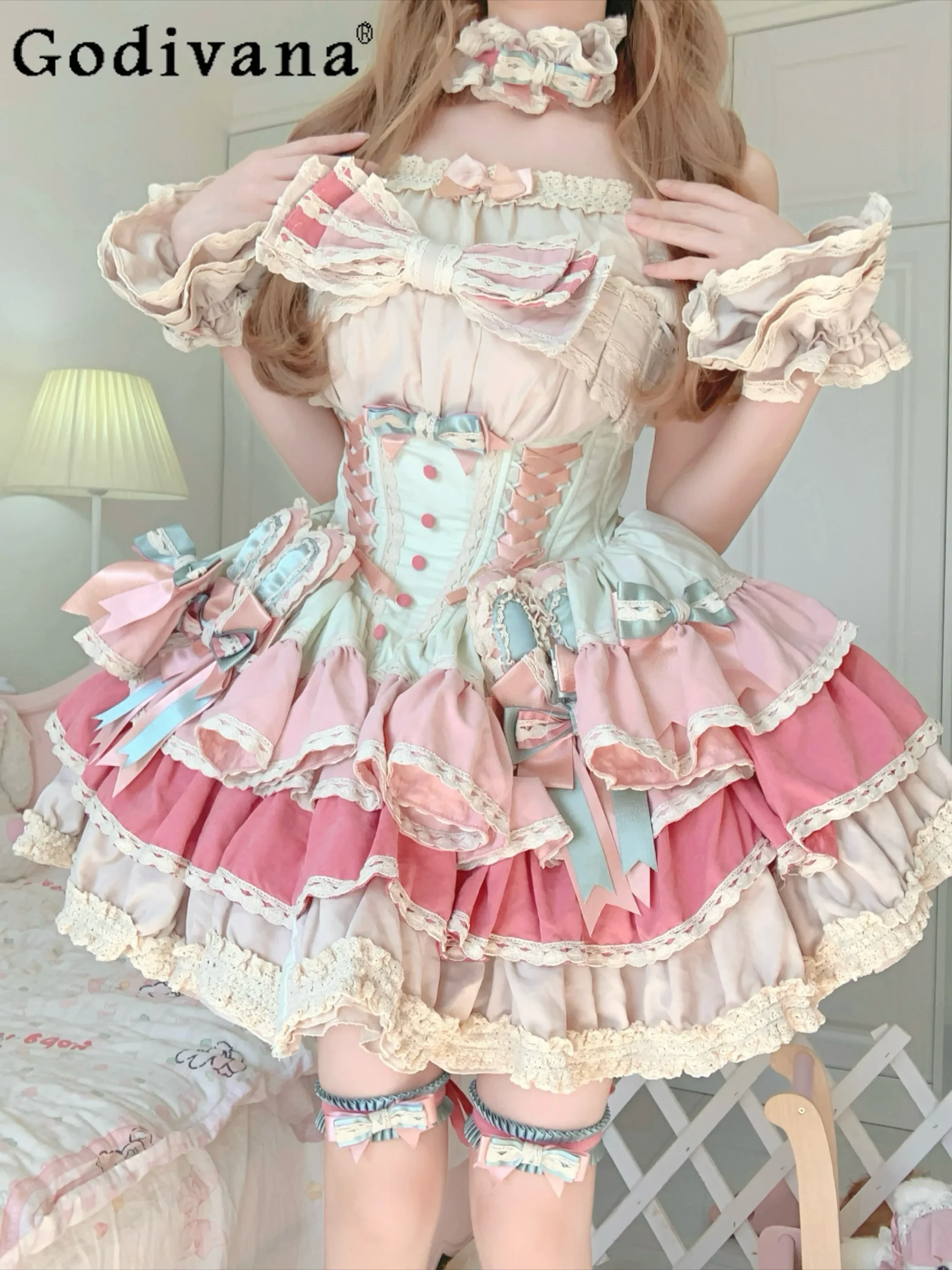 French Elegant Ballet Style Lolita Tube Top Dress Girls Women's Cute Bow Slim-Fit Birthday Dresses Lori Lo Cos Dress Tops Set
