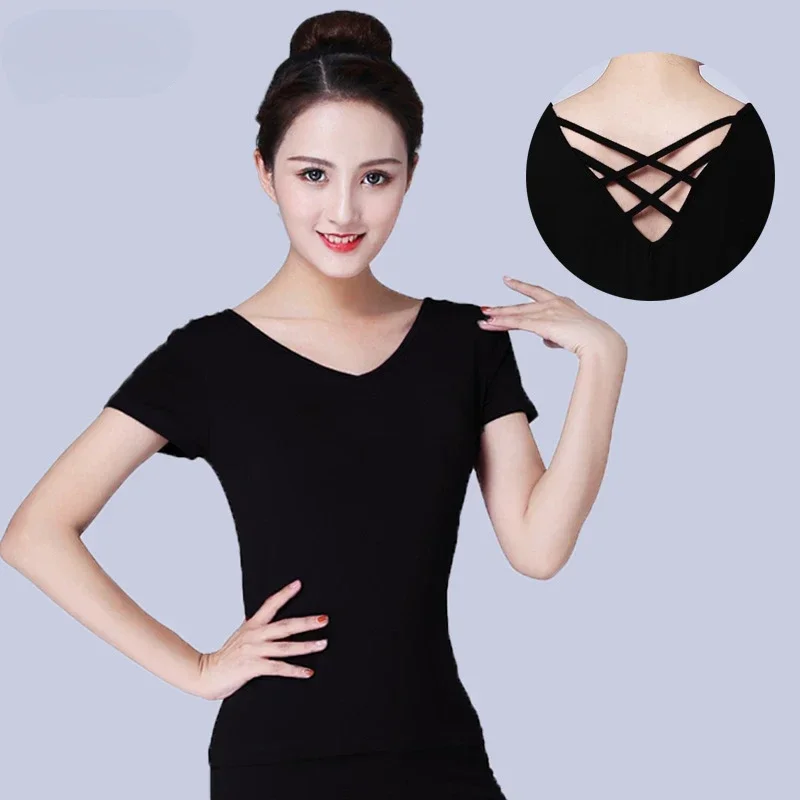 Women Dance Wear Top Latin Dance Backless Cross V-neck Short Sleeved Slim Fit Sexy National Standard Ballroom Dance Top Summer