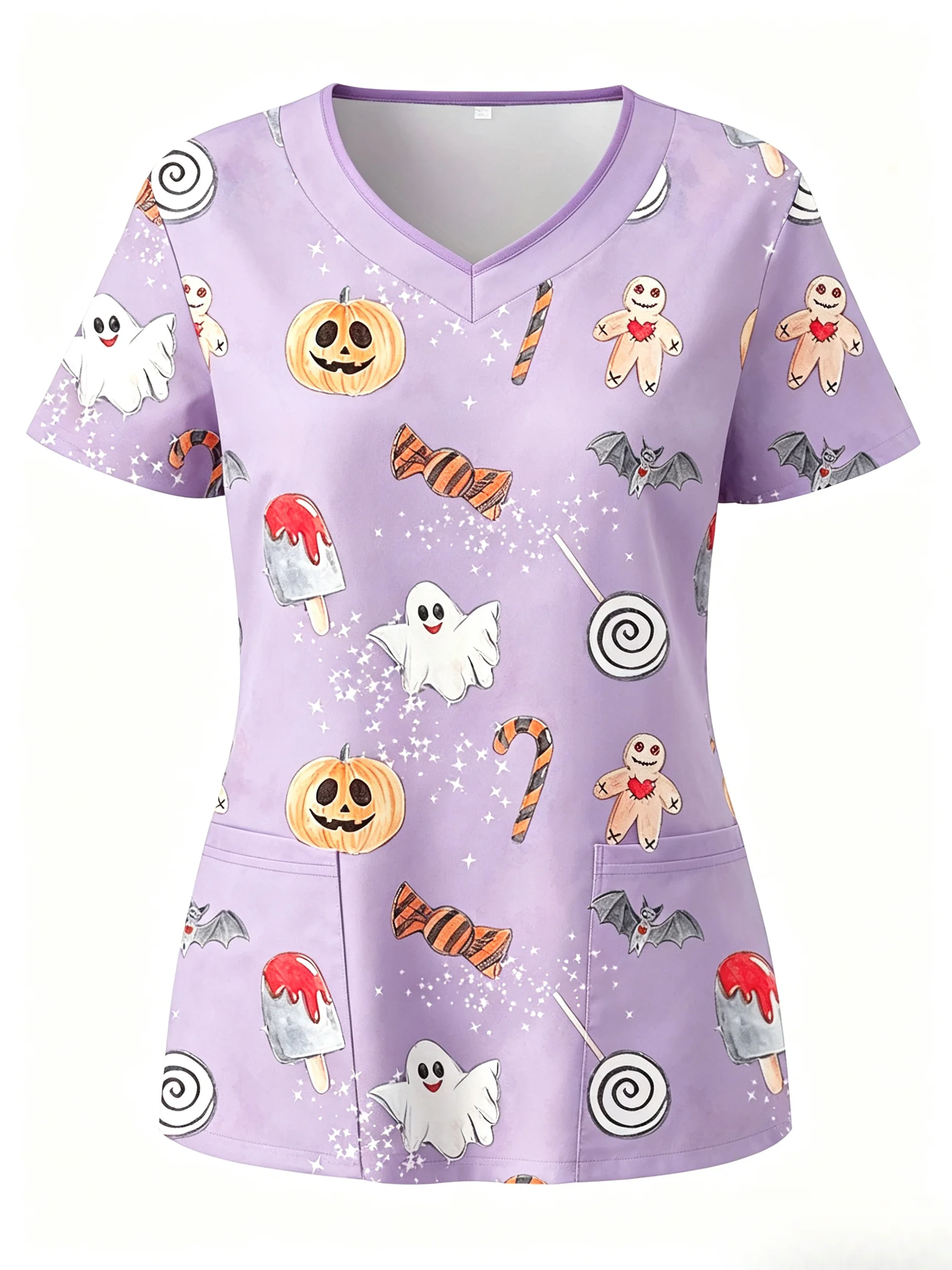 Damen-Scrub-Oberteil mit gruseligem Halloween-Design, Süßigkeiten-Geister-Kürbis-Print, V-Ausschnitt, kurze Ärmel, Taschen, Krankenschwesteruniform für medizinisches Personal – Detail 9