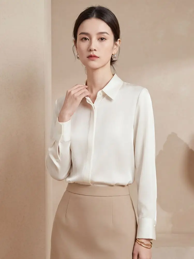 

Birdsky, 1PC Women shirt long sleeve shirts Top office lady blouse 19MM 100% mulberry silk 3 solid color. S-345