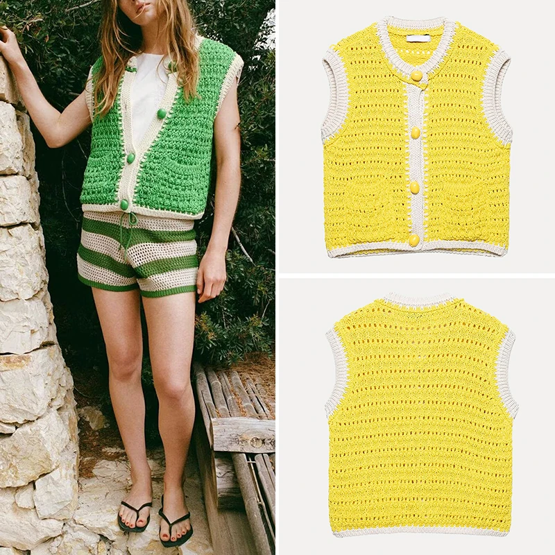 

Модный вязаный жилет, топ, женский слей, лето 2022, полиэфирное волокно, 00% пуговицы, украшенный трикотаж, универсальная повседневная одежда