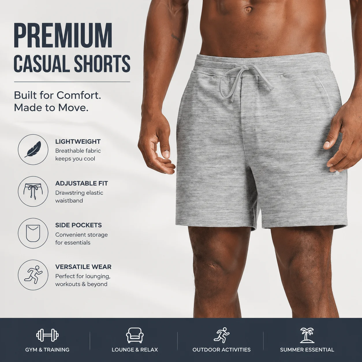 Premium Men's Heathered Casual Shorts Lightweight Lounge Gym Bottoms with Drawstring Elastic Waistband Side Pockets Relaxed Fit