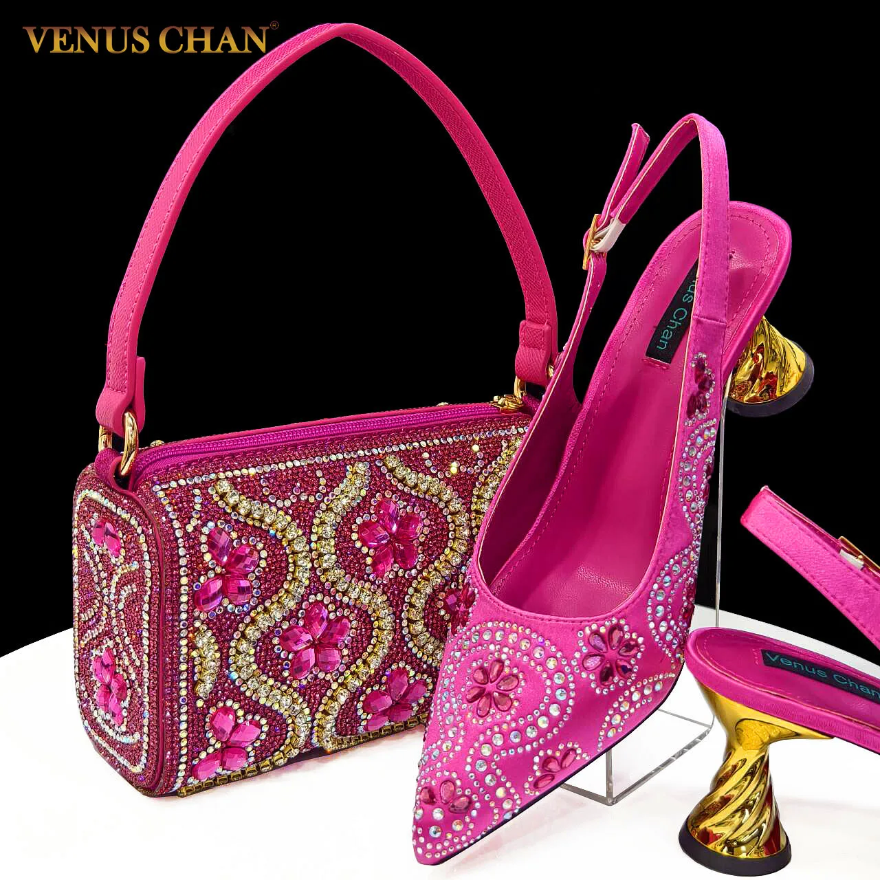 

2024 Newest INS Style FUCHSIA Color Elegant Low Heels Nigeria Popular Design African Ladies Shoes And Bag Set for Wedding Party