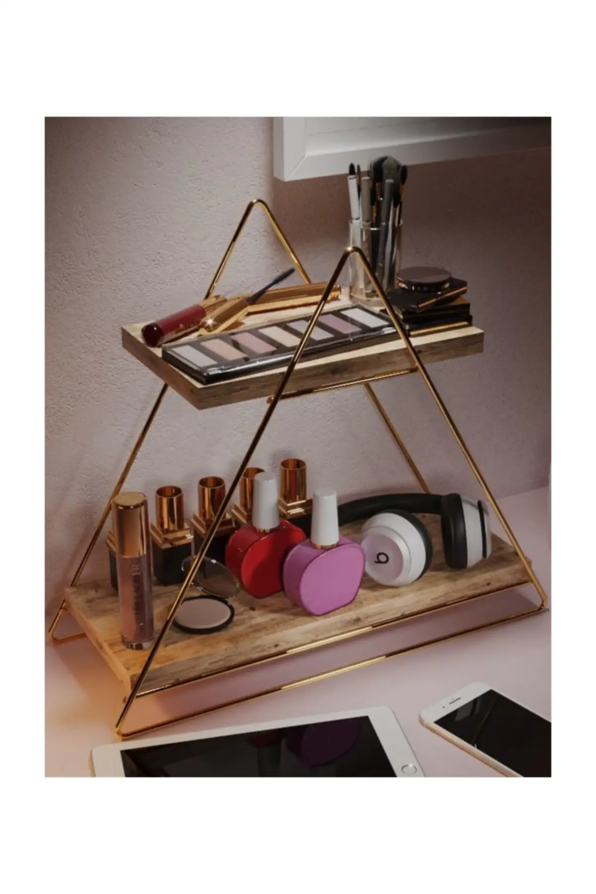 Functional Natural Wood Gold Color Triangle Table Serving Rack Decorative Kitchen Bathroom Organizer Bookshelf Living Room