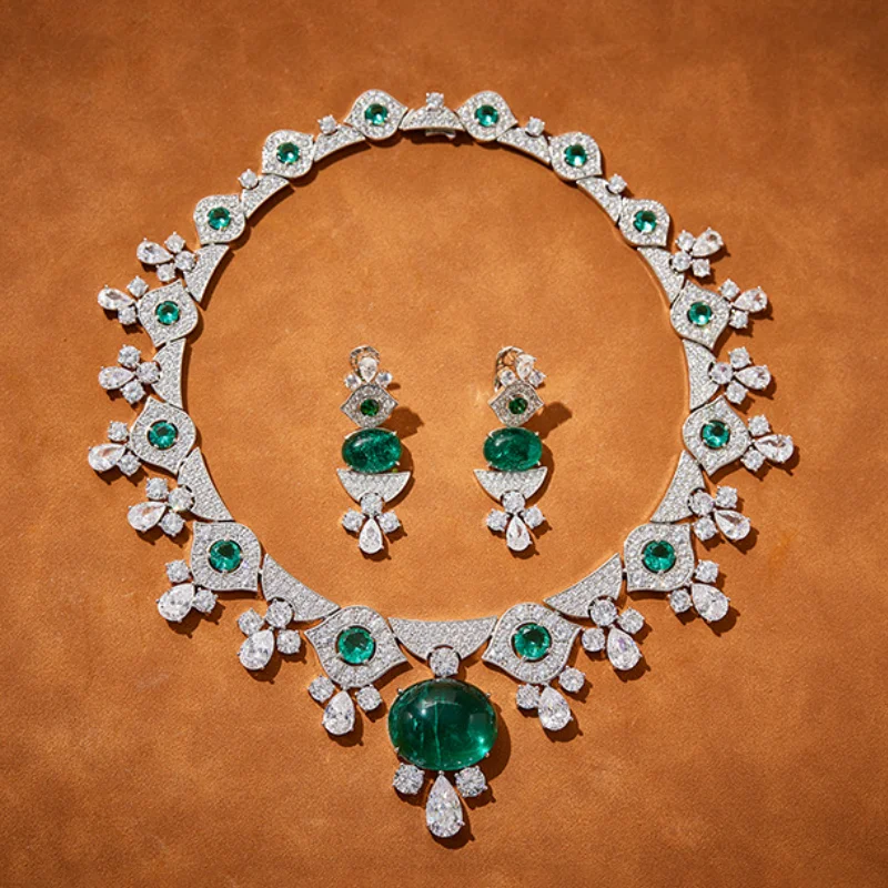 

Designer Collection Jewelry Sets Women Lady Inlay Cubic Zircon Synthetic Emerald Pendant Evening Party Choker Necklace Earrings