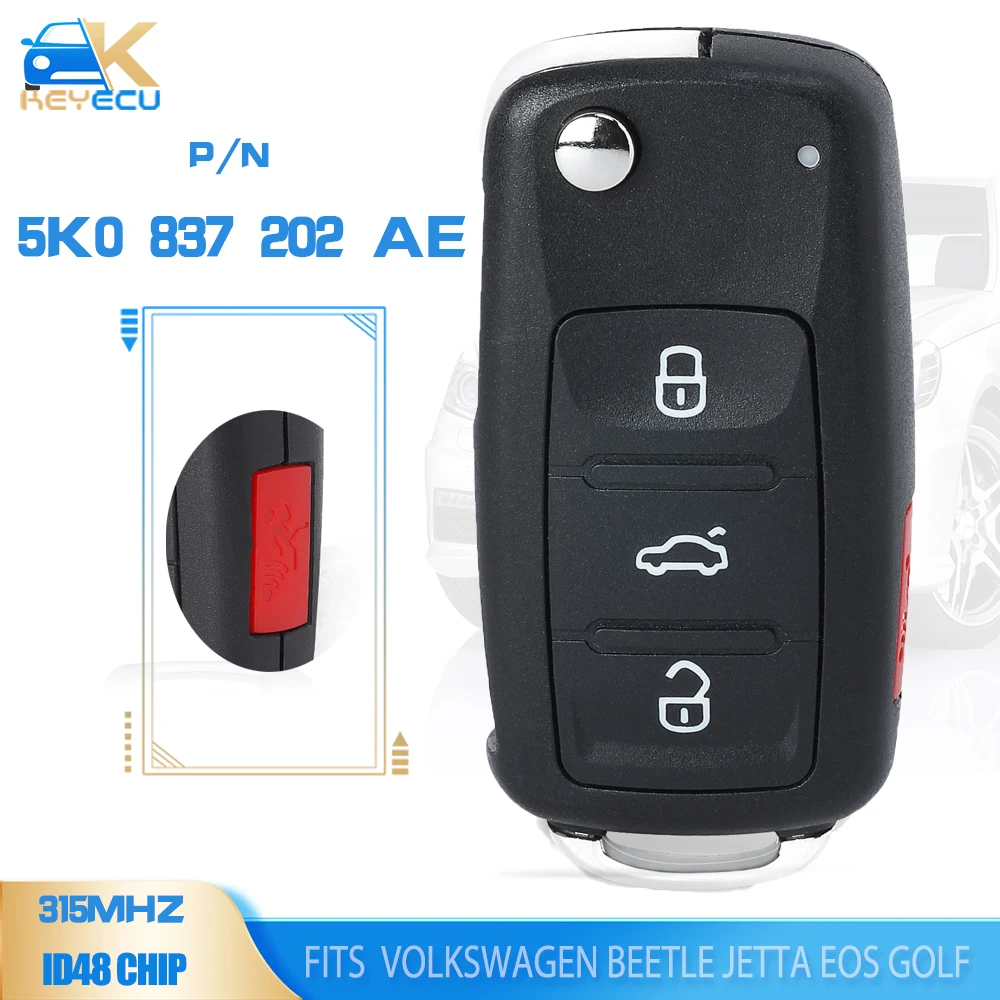 KEYECU 5K0 837 202 AE for VW Beetle Jetta Eos Golf Tiguan GTI 2011 2012 2013 Folding Remote Key 4 Button 315MHz ID48