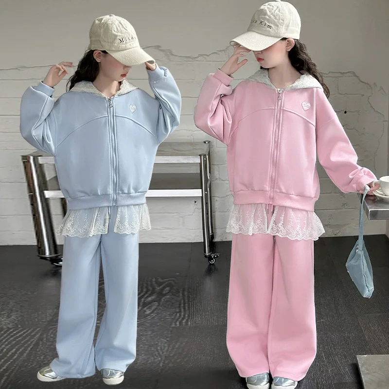 

Girls Coat Sets Children's Lace Suit Spring Hooded Jacket Trousers 2Pcs Autumn New Casual Loose Outfits Kids Fashion Clothing