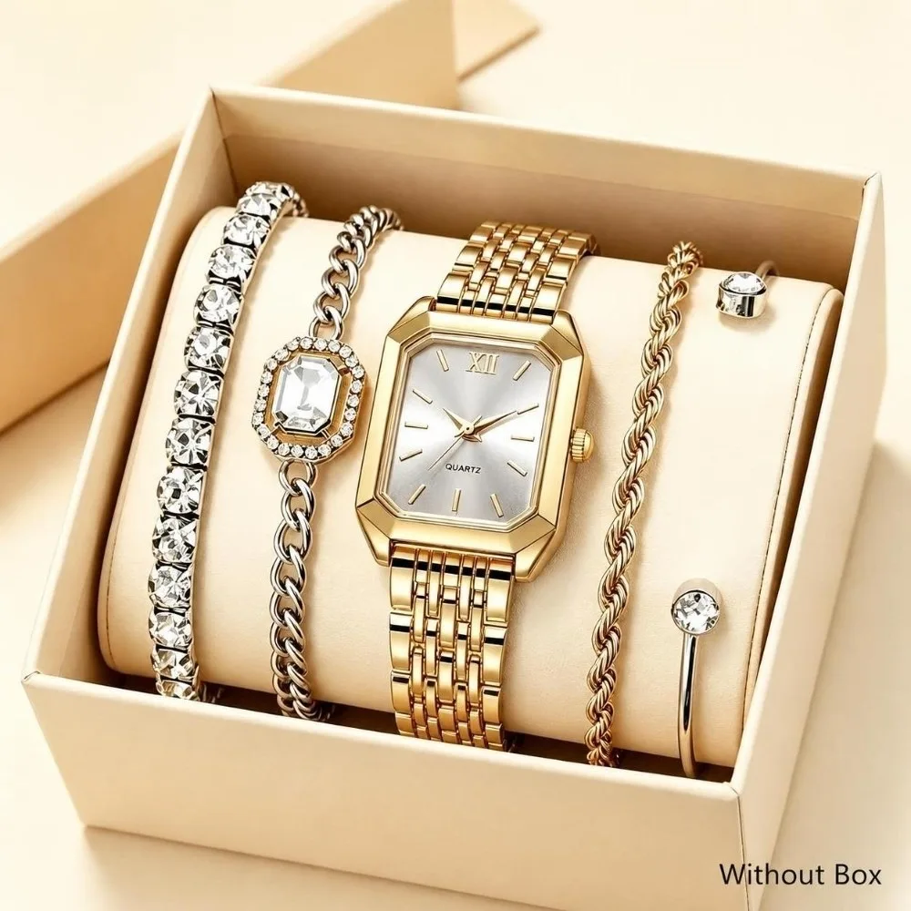 Quartz Movement Women Quartz Watch Stainless Steel Strap Rhinestone Decoration Rhinestone Bracelet Set Roma Dial Design