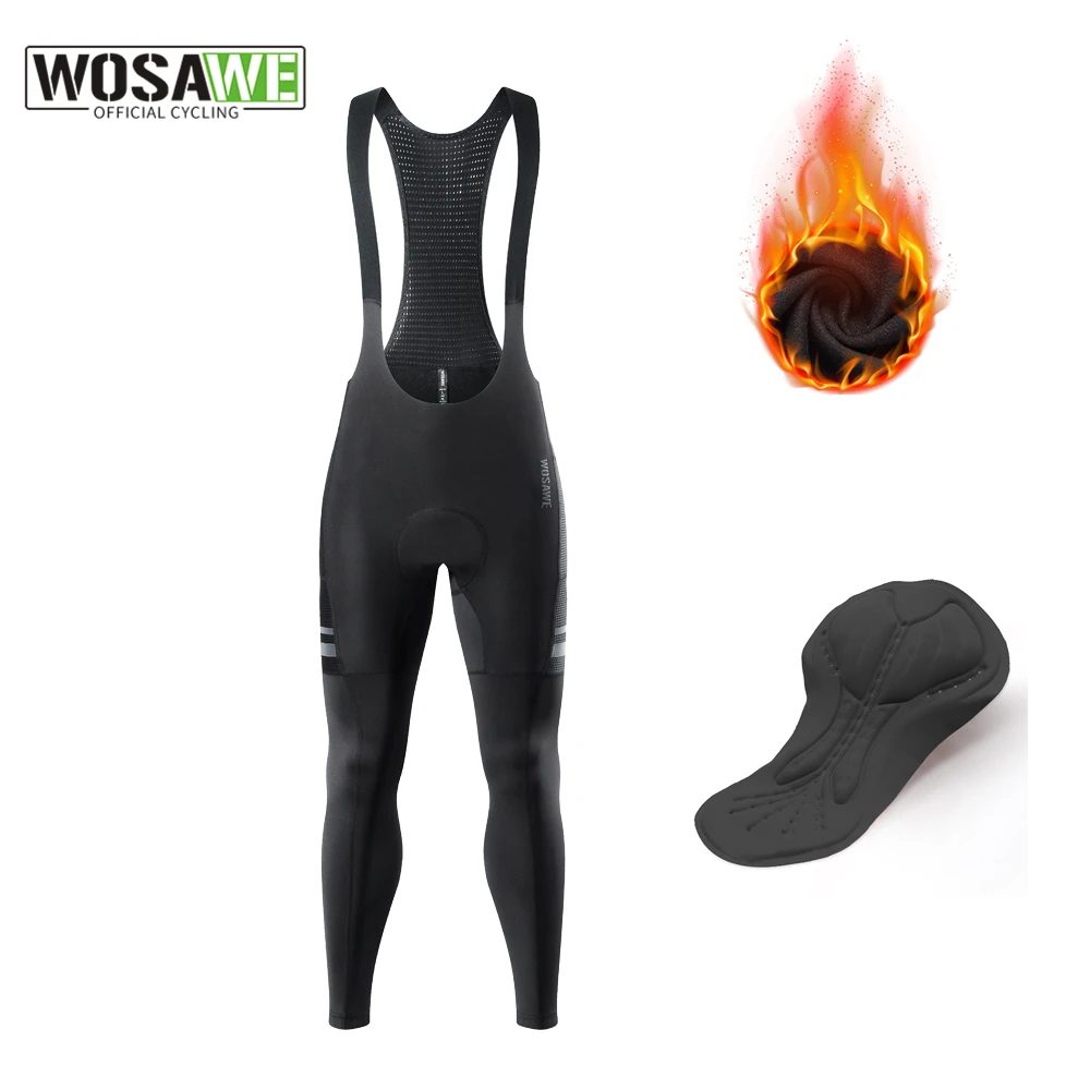 

WOSAWE Winter Thermal Fleece Cycling Pants Bib Shorts Men MTB Bicycle Long Trousers Bib Tights Mountain Bike Padded Bibs Gel Pad