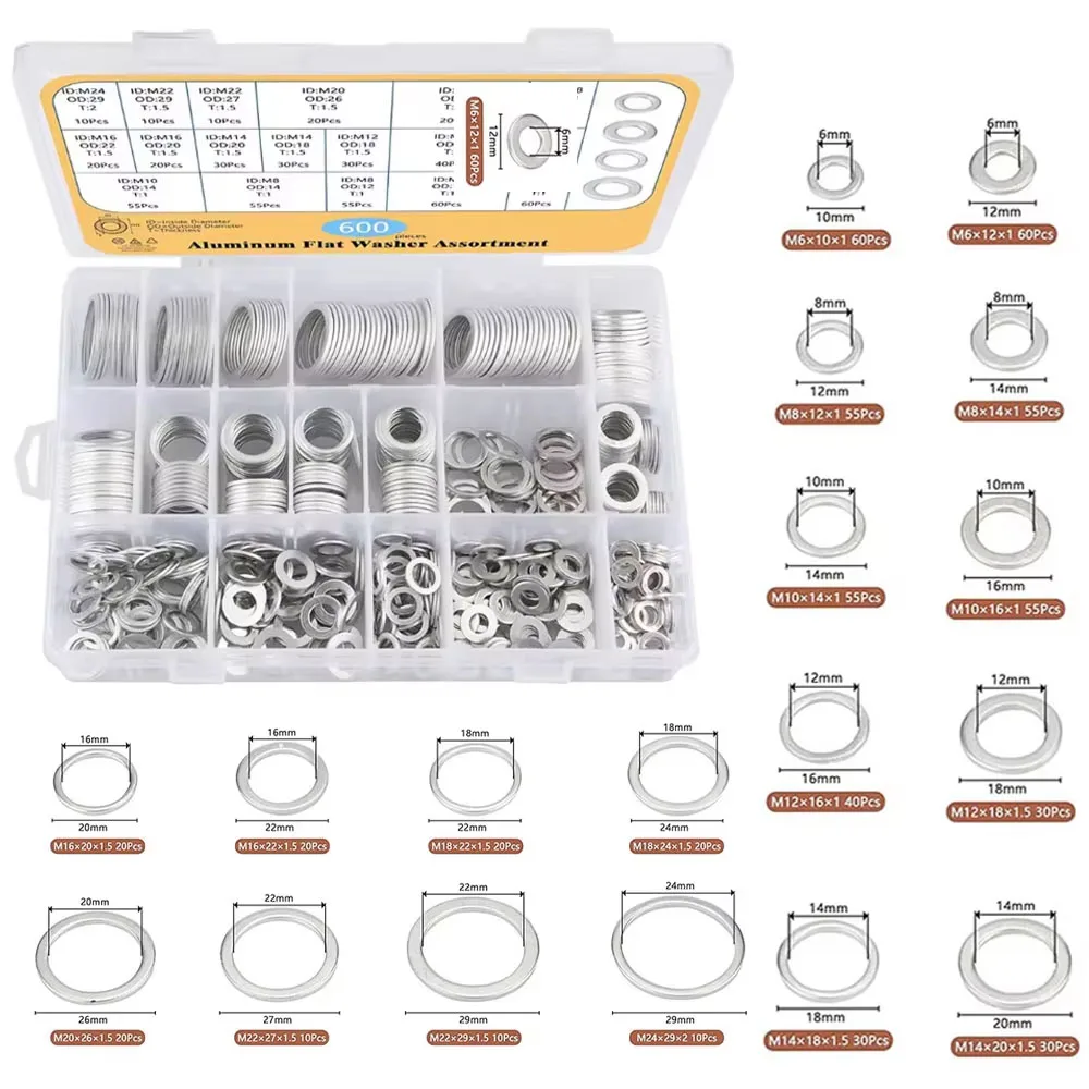 

600 шт., сливная пробка для масла, ассортимент алюминиевых плоских шайб, прокладка для масляной пробки m6, M8, M10, M12, M14, M16, M18, M20, M22