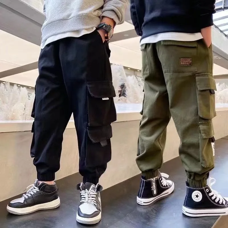 Boys Cargo Pants Teen Multiple Pockets Casual Sweatpants Spring Autumn Kids Thin Sports Trousers Children's Clothing 4-14 Years
