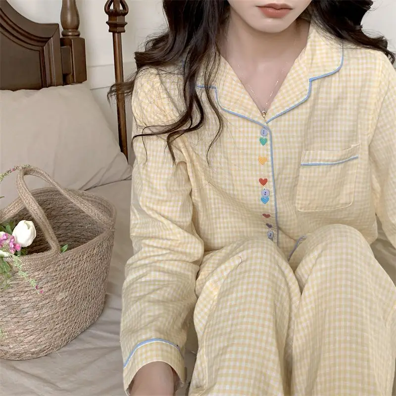 Pyjama Sets Vrouwen Geruit Mode Lange Mouwen Tops Losse Zachte Japan Stijl Lieve Meisjes Homewear Eenvoudige All-Match Casual Ulzzang Ins