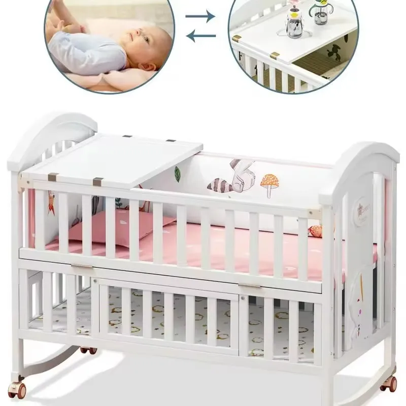 European-style solid wood baby bed – a versatile, mobile cradle that converts to an attachable bed, suitable for newborns and k