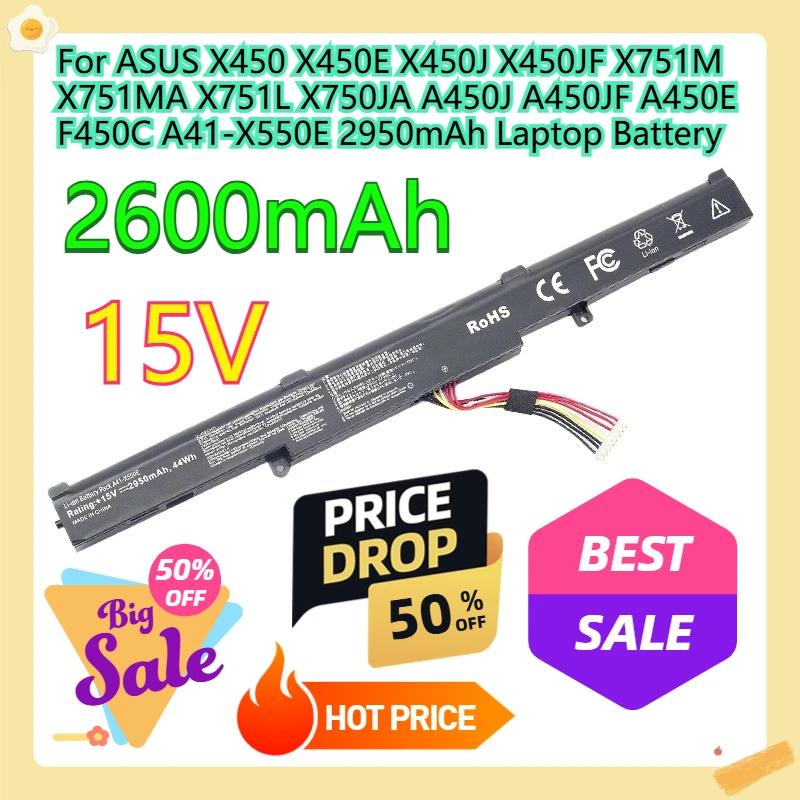 

For ASUS X450 X450E X450J X450JF X751M X751MA X751L X750JA A450J A450JF A450E F450C A41-X550E 2950mAh Laptop Battery