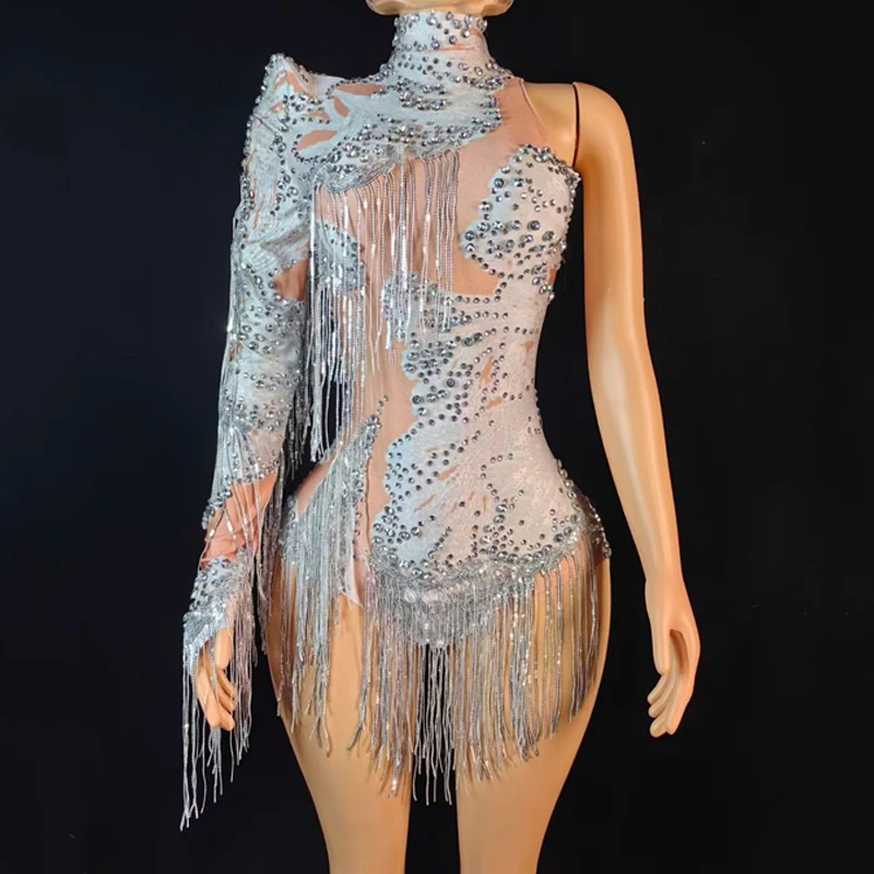 Viele Farben One Sleeve Strass Fransen Body Frauen Pole Dance Kleidung Drag Queen Outfit Bar Bühne Gogo Kostüm XS10380