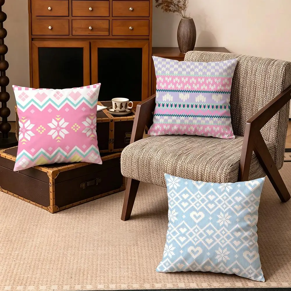 Pattern-Pastel Fair Isle KnitS Cushion Cover Soft Velvet Cushion Cover Set 4Pcs 50x50 45x45 Zipper Pillowcase for Home Decor