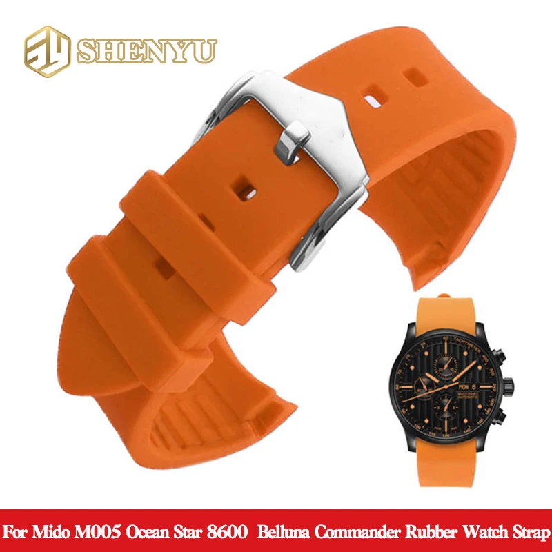 22mm Curved Silicone Watch Strap For Mido M005 Ocean Star 8600  Belluna Commander Rubber Soft waterproofWatch Band 22mm  Orange