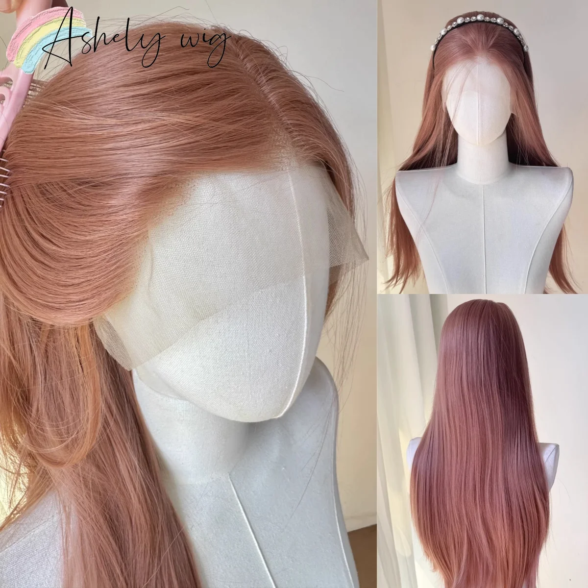 

Коричнево-оранжево-розовый парик, золотисто-розовый парик с кружевной передней частью 13*4, длинные прямые волосы, безклеевые парики 26 дюймов, грейпфрутово-розовые синтетические парики