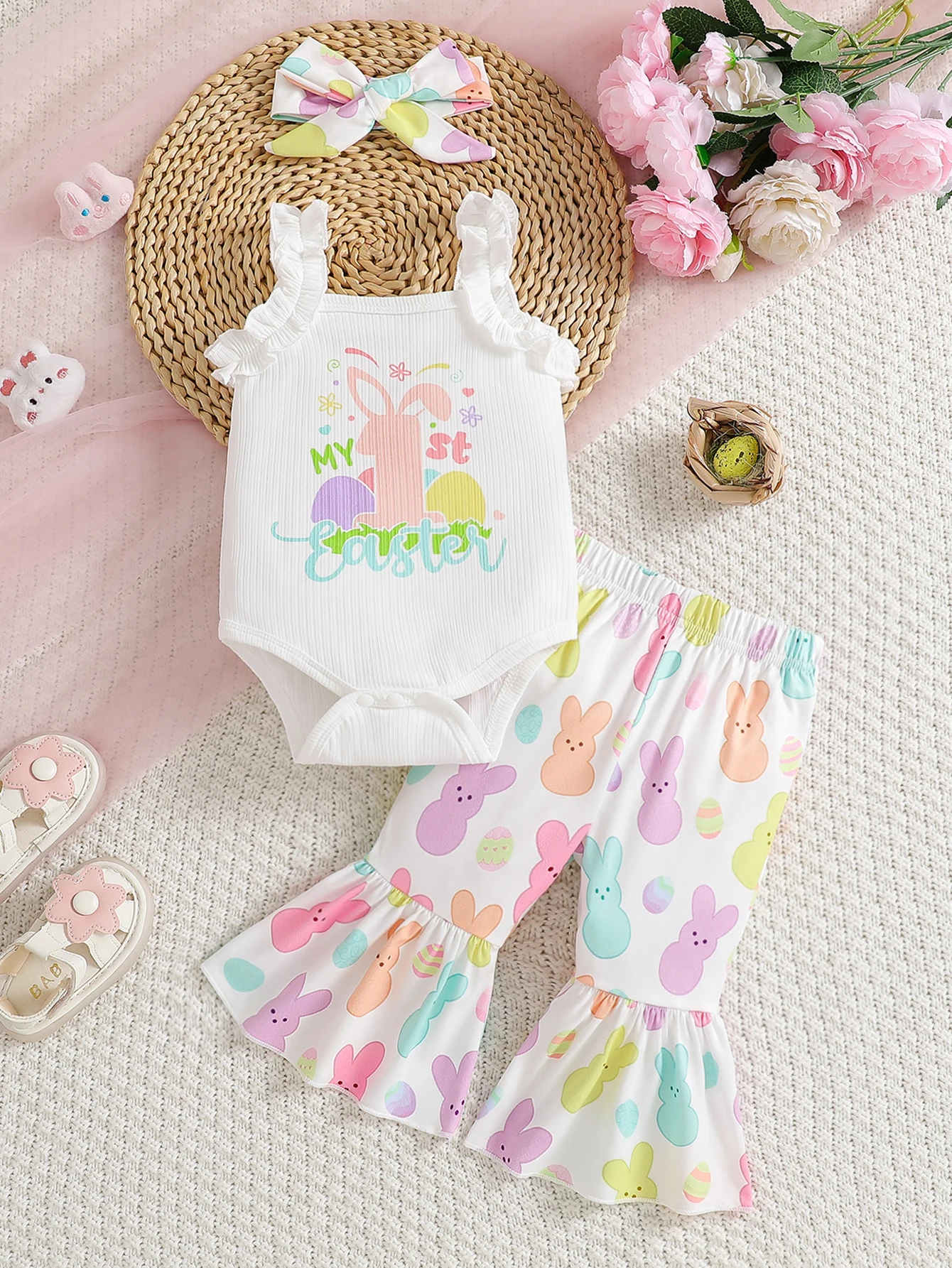 Baby girl's summer round-neck camisole with colorful letter print top and flared pants set, with headband suitable for everyday