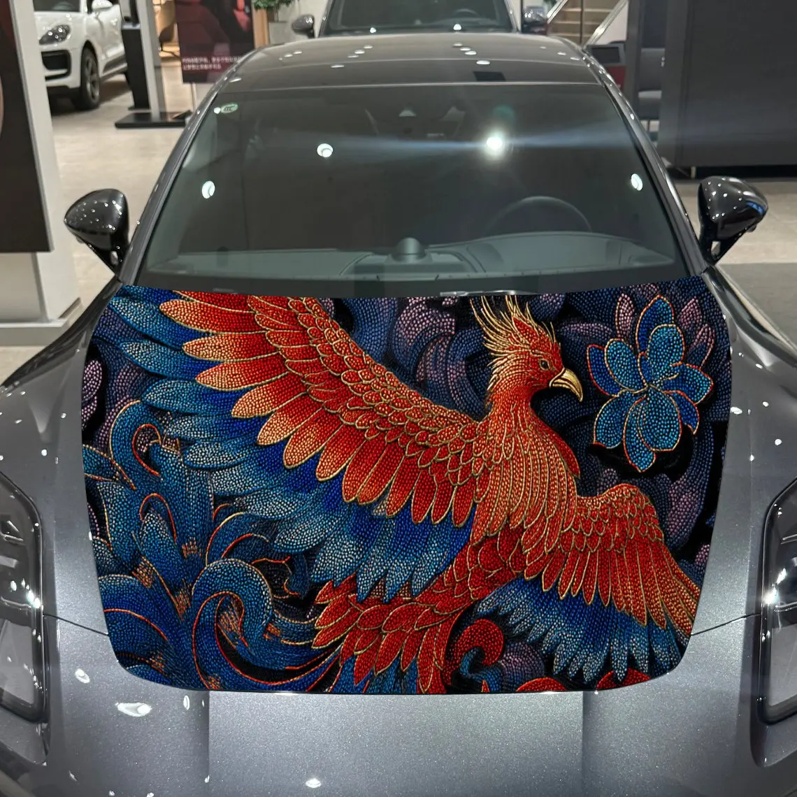 Red and Blue Phoenix and Flowers Car Hood Vinyl Stickers Car Surface Protection Decal Car Decoration Cover Vinyl Wraps Waterproo