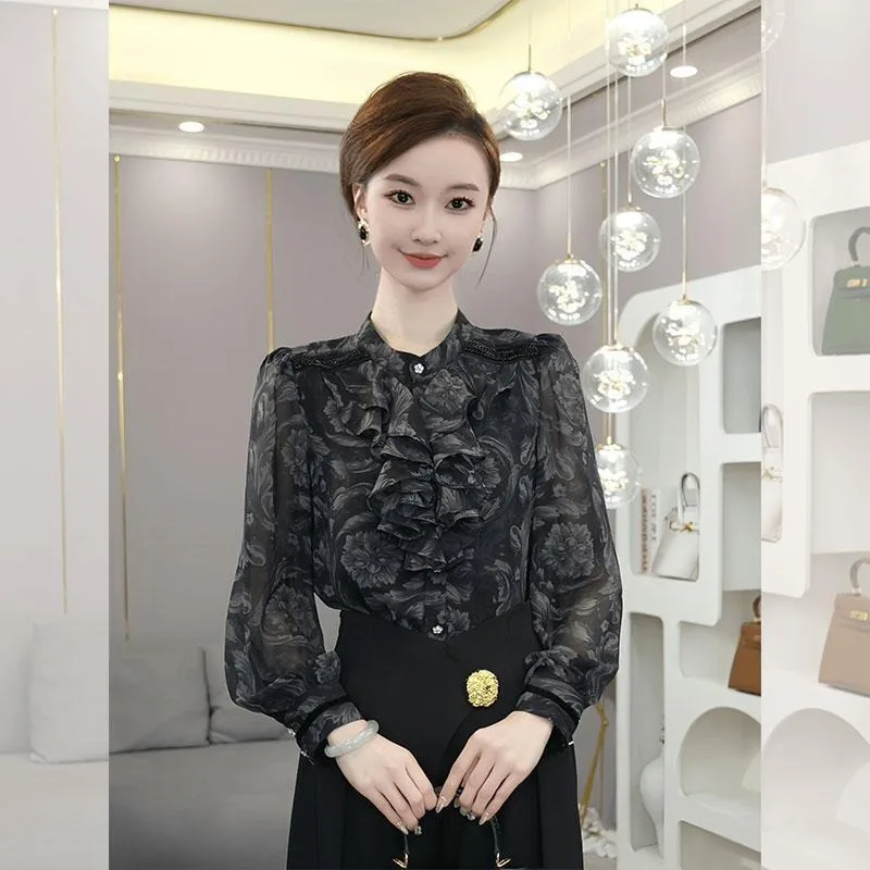 Camisa 2025 primavera nova feminina de luxo estilo francês cinza senhora do escritório fino em torno do pescoço floral temperamento de manga comprida topo