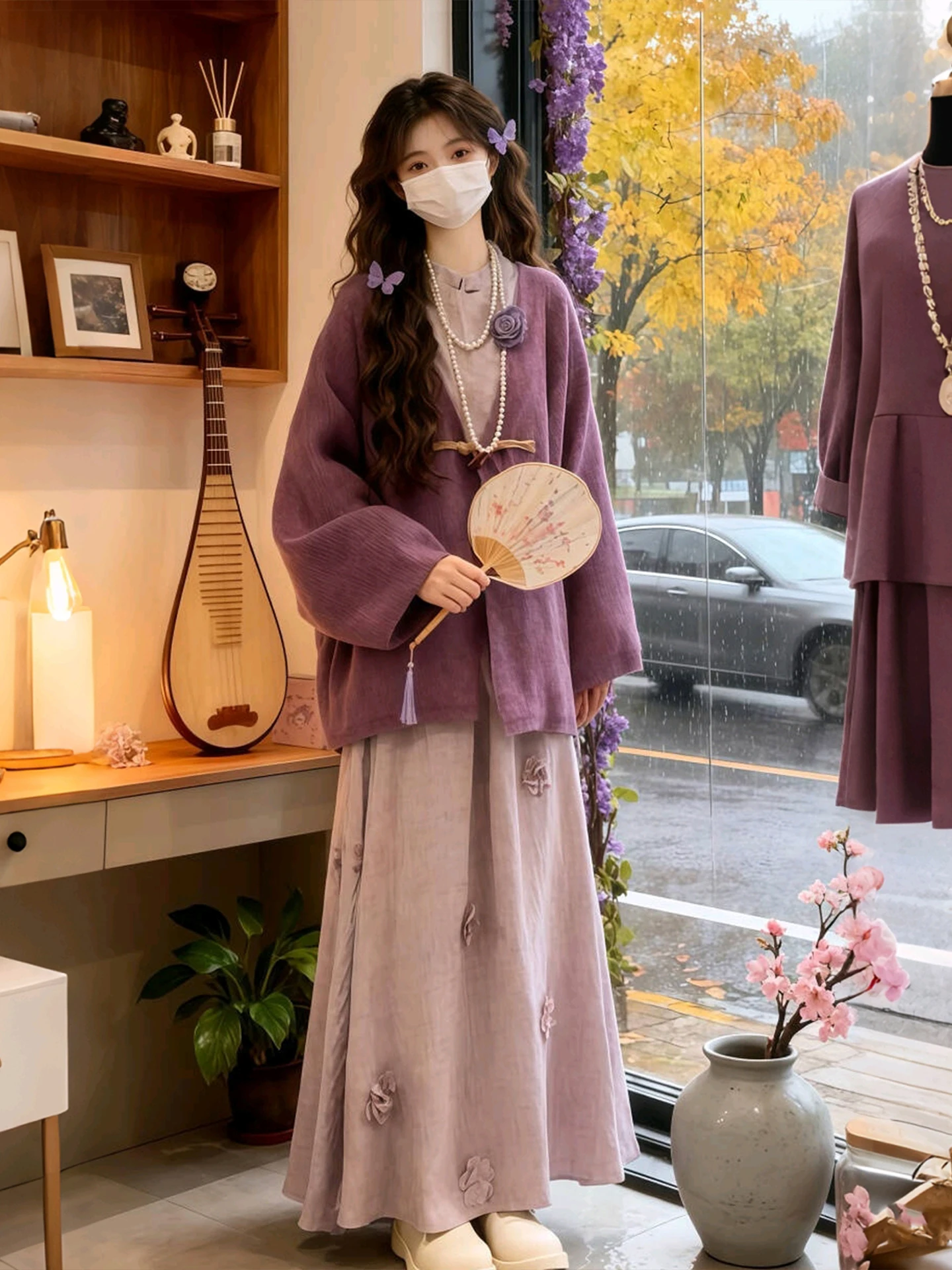 

plus Size Winter Fashion Set Purple Sweater Cardigan Dress New Chinese Style Women's High Waist Warm Polyester Clothing