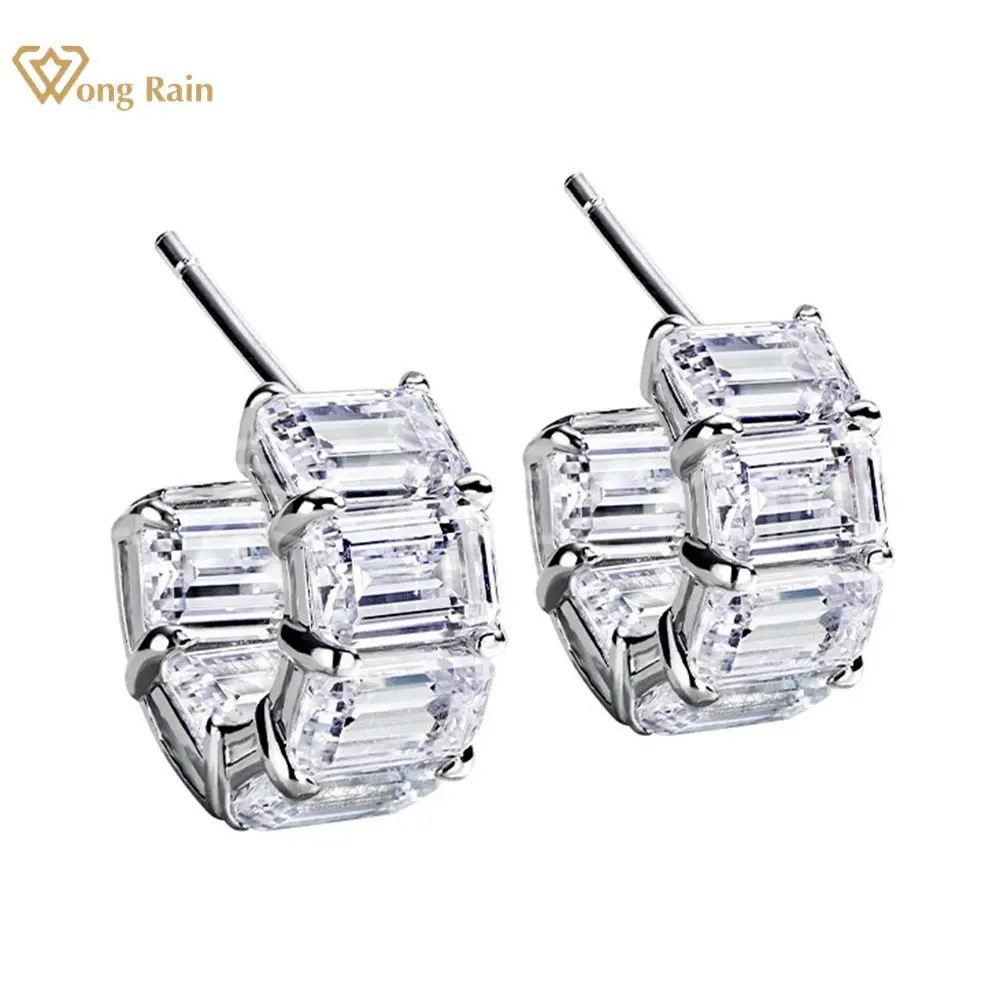 Wong Rain 925 Sterling Silver Emerald Cut Lab Sapphire High Carbon Diamonds Gemstone Ear Studs Earrings Fine Jewelry Wholesale