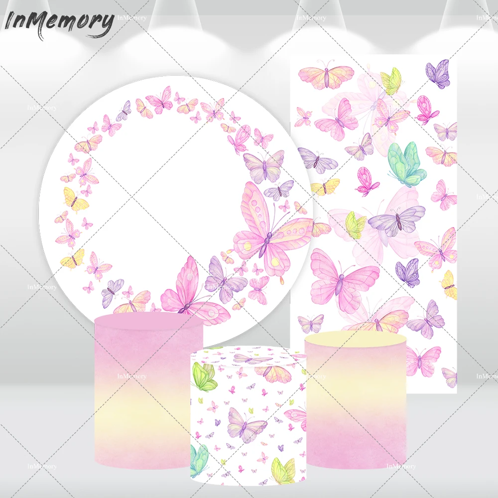 

Pink Butterfly Newborn Photography Background Pastel Color Princess Girl Birthday Decoration Round Backdrop Arched Cover