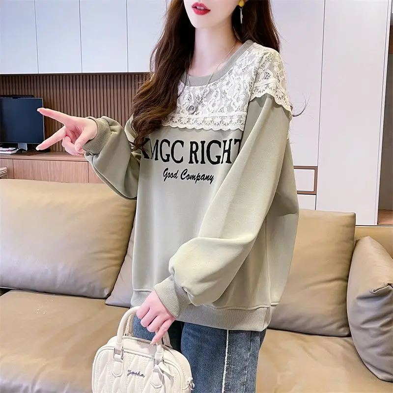 Western Style Sweet Lace New Patchwork Round Neck Sweatshirt Korean Version Loose Niche Design Top